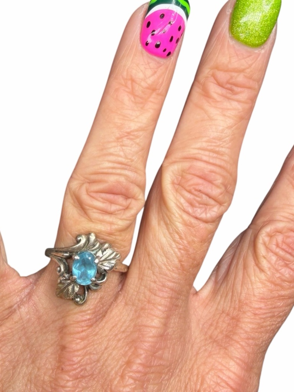 Vintage Black Hills Gold Sterling Silver & Blue Topaz Ring - Size 5